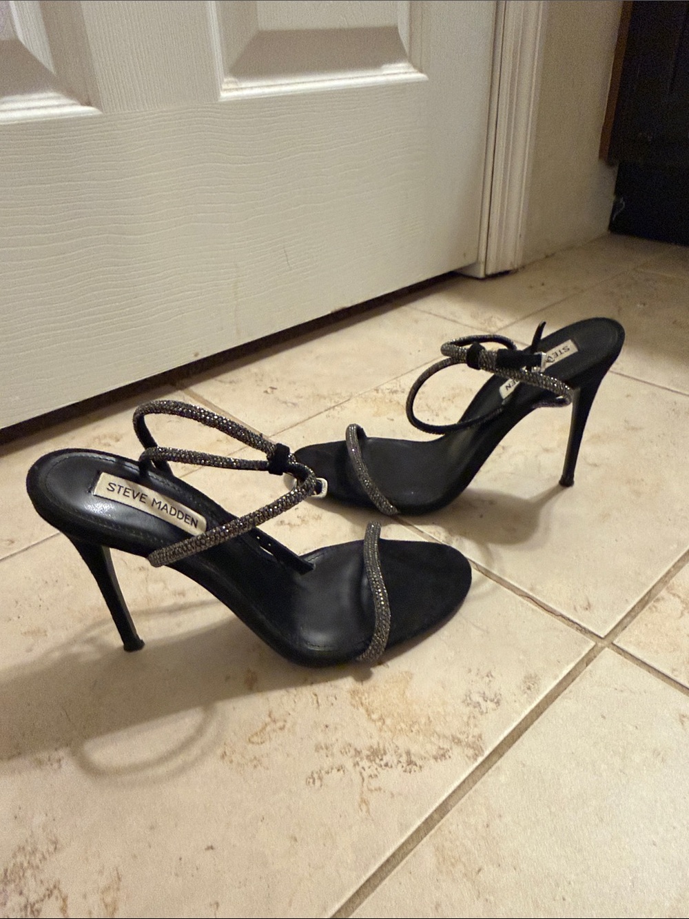 Black Steve Madden Women's Ankle-Strap Heels with rhinestones and faux suede - Picture 4 of 5